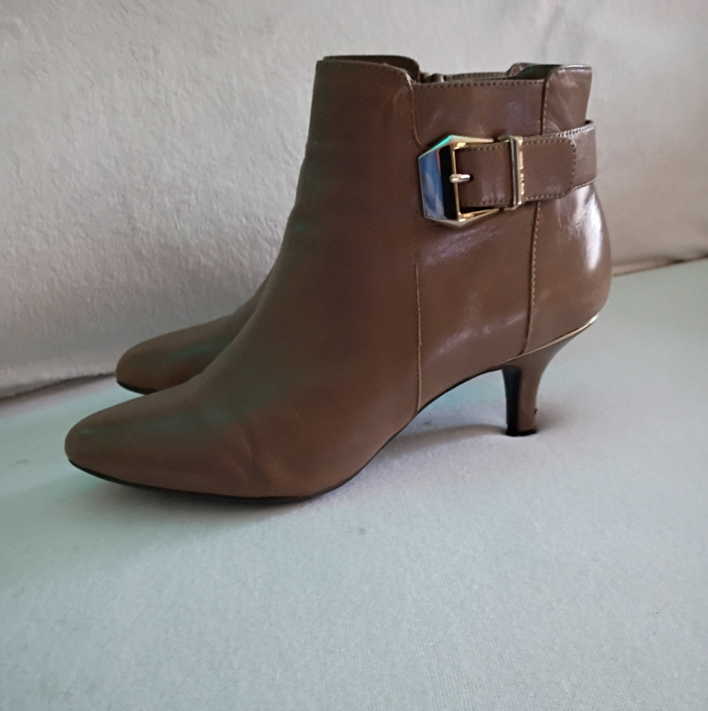 Anne Klein Brown Leather Ankle Booties with Gold Buckle - Picture 2 of 11